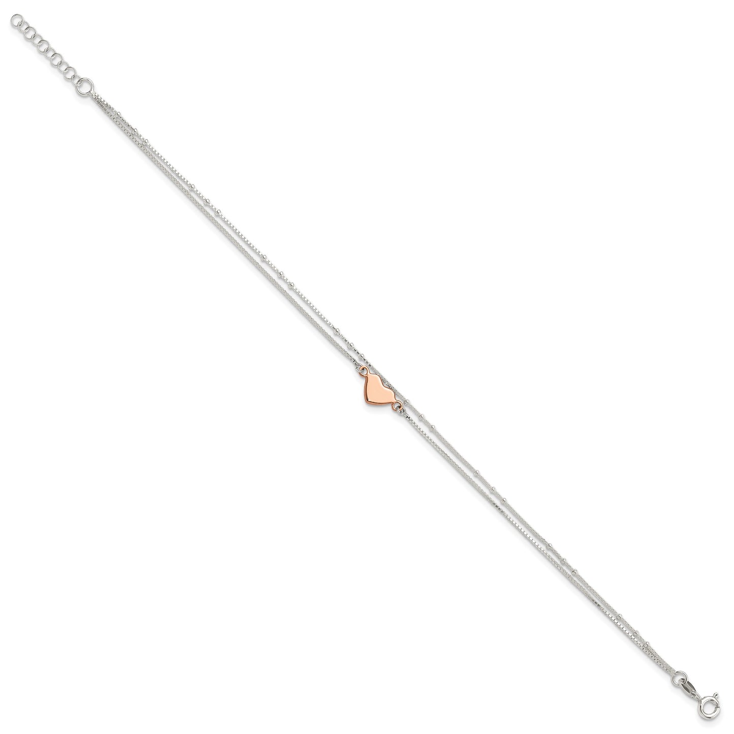Sterling Silver Rose-tone Heart 2-Strand 9 inch Plus 1 inch Extender - Total 10 inch Anklet