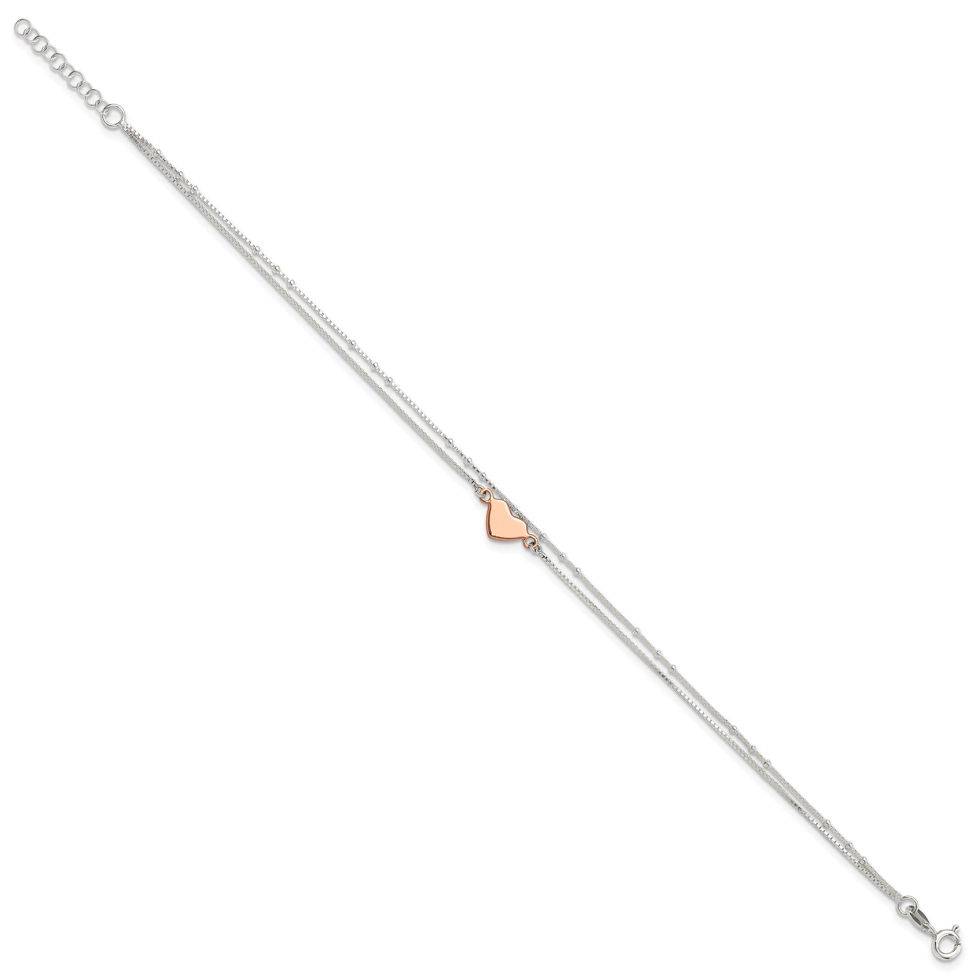 Sterling Silver Rose-tone Heart 2-Strand 9 inch Plus 1 inch Extender - Total 10 inch Anklet