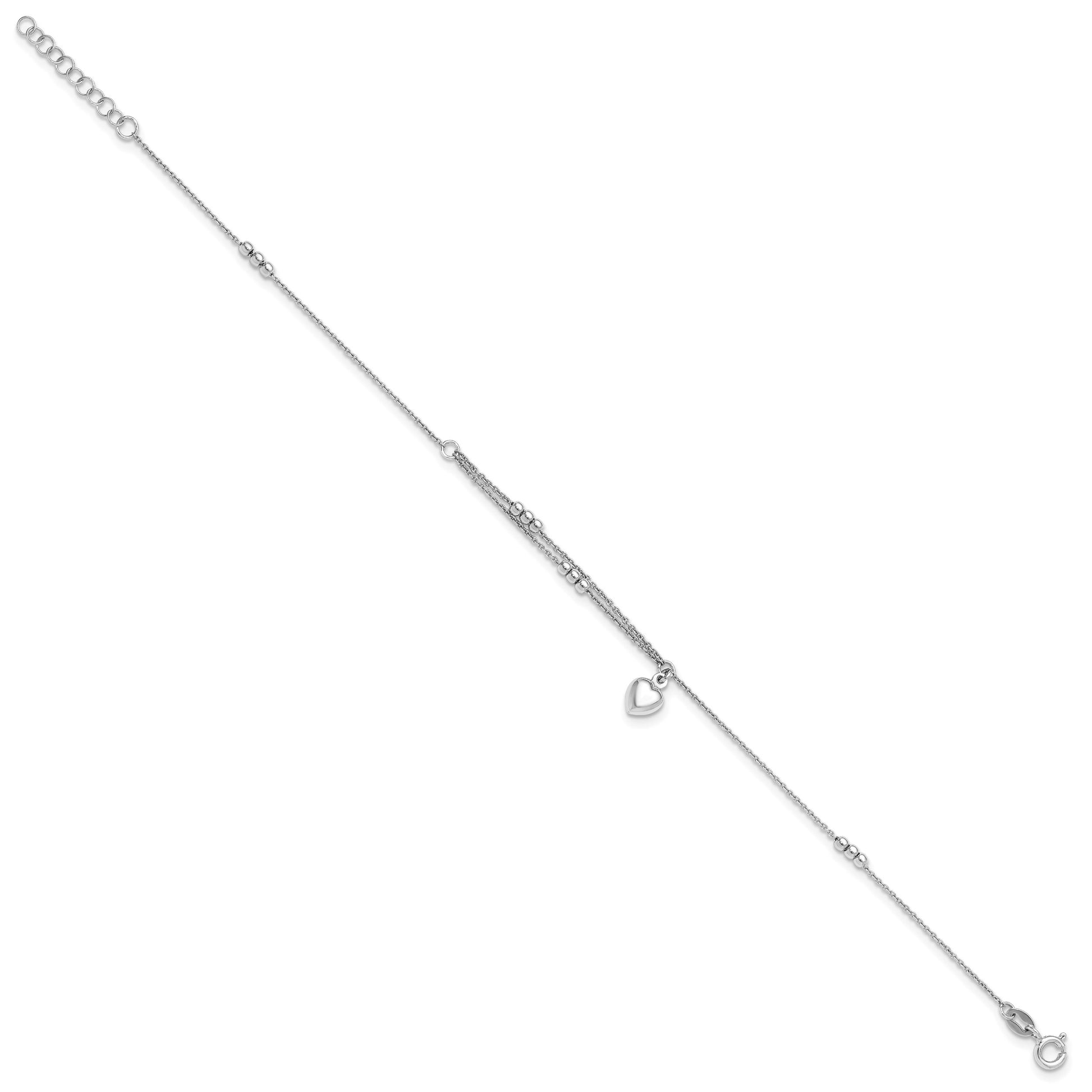 Sterling Silver Rhodium-plated Beads/Heart Dangle 9 inch Plus 1 inch Extender - Total 10 inch Anklet