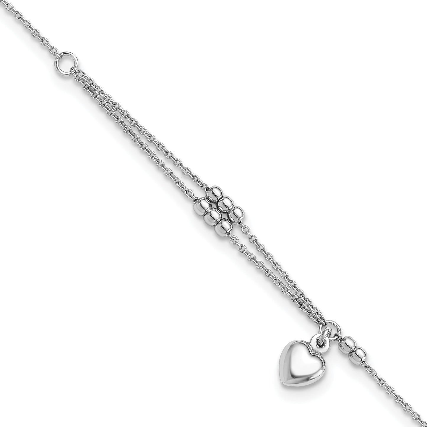 Sterling Silver Rhodium-plated Beads/Heart Dangle 9 inch Plus 1 inch Extender - Total 10 inch Anklet
