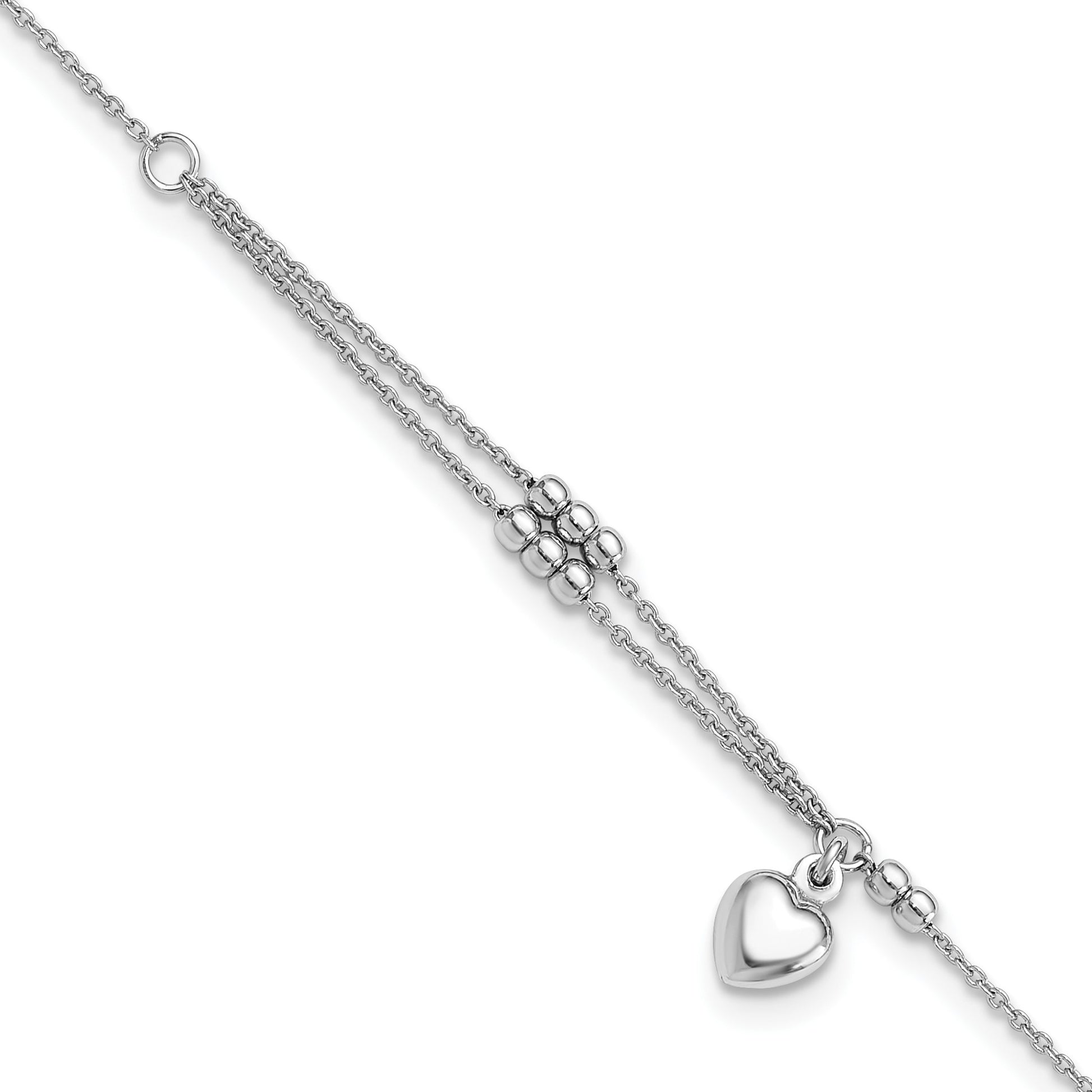 Sterling Silver Rhodium-plated Beads/Heart Dangle 9 inch Plus 1 inch Extender - Total 10 inch Anklet