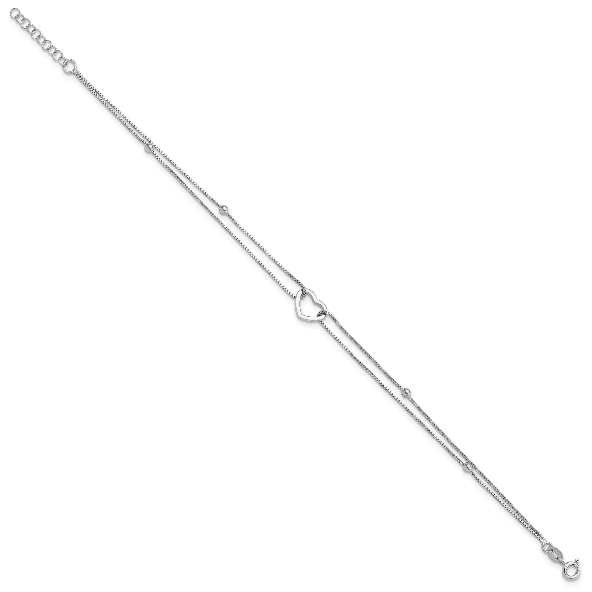 Sterling Silver Rhodium-plated Heart/Bead 2-Strand 9 inch Plus 1 inch Extender - Total 10 inch Anklet