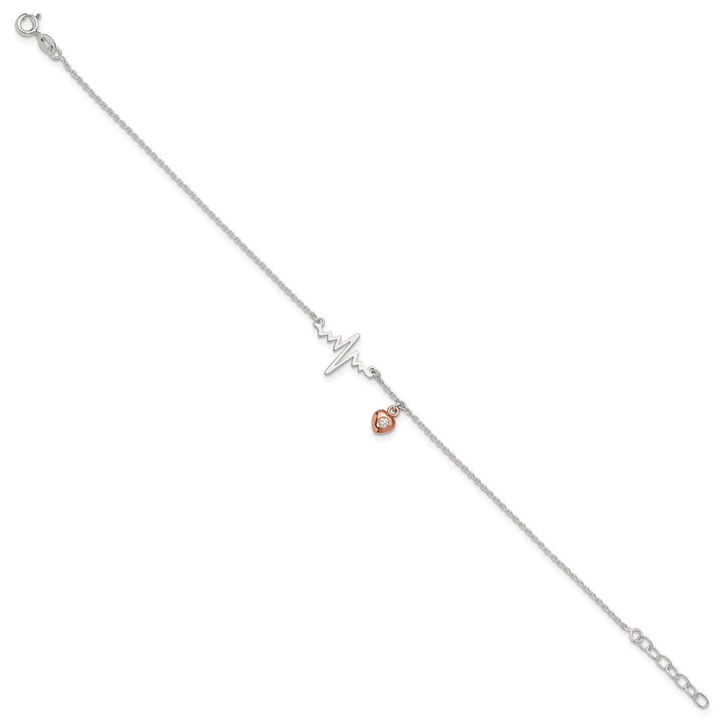 Sterling Silver Rose-tone CZ Heart and Heartbeat 9 inch Plus 1 inch Extender - Total 10 inch Anklet