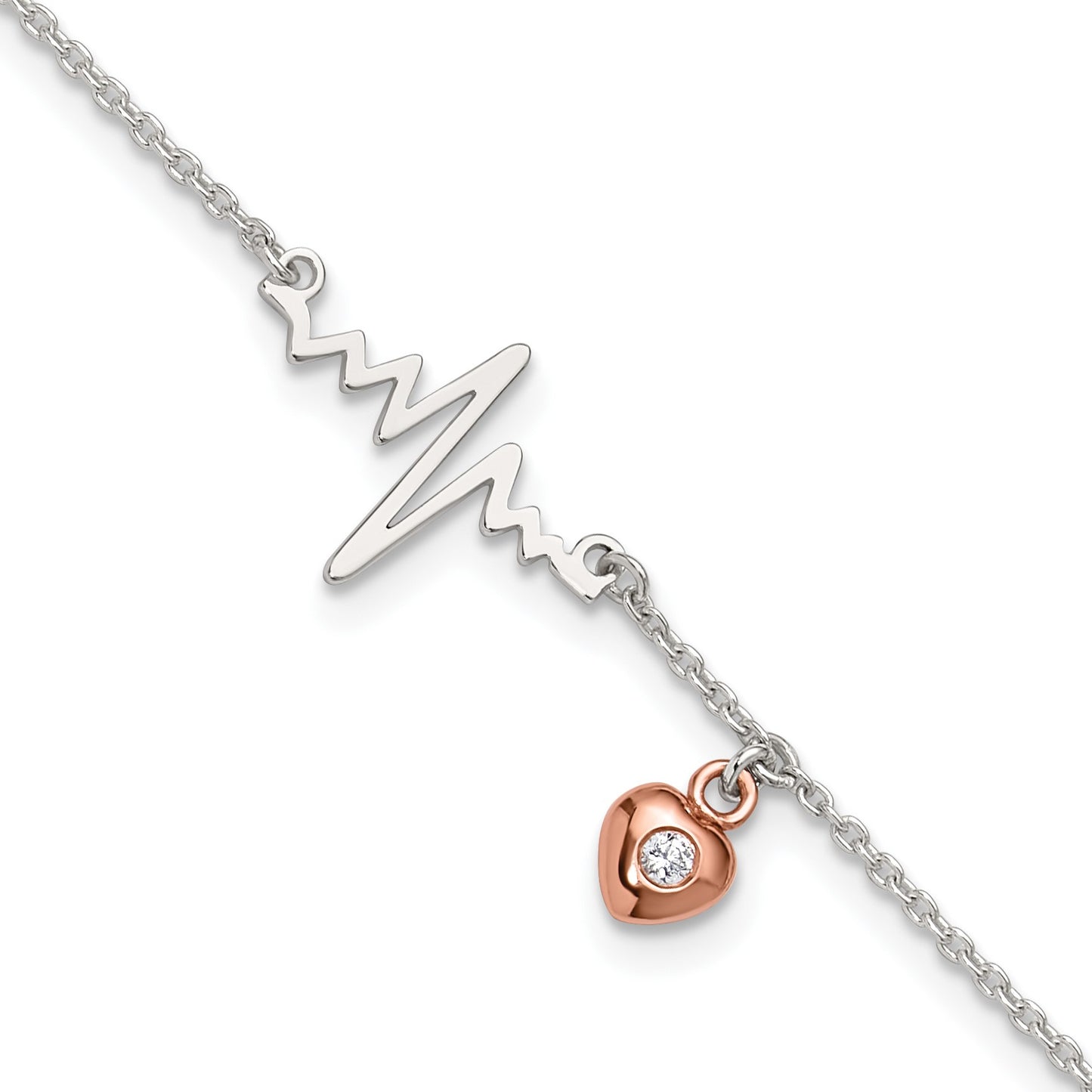 Sterling Silver Rose-tone CZ Heart and Heartbeat 9 inch Plus 1 inch Extender - Total 10 inch Anklet