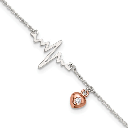 Sterling Silver Rose-tone CZ Heart and Heartbeat 9 inch Plus 1 inch Extender - Total 10 inch Anklet