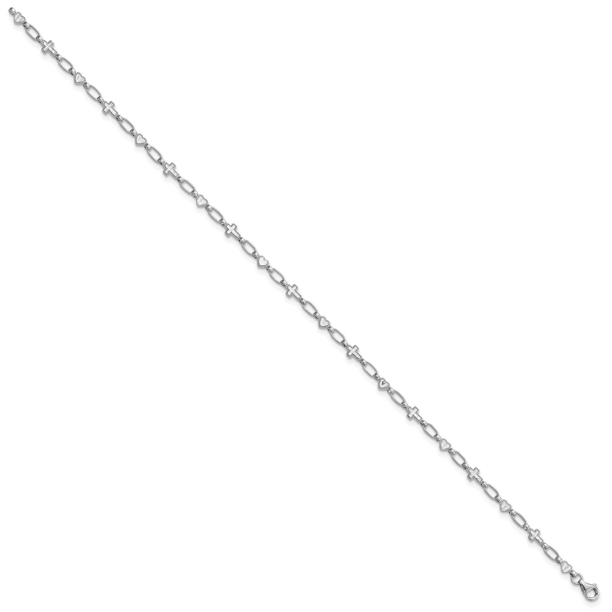 Sterling Silver Rhodium-plated 10 inch Heart and Cross Anklet
