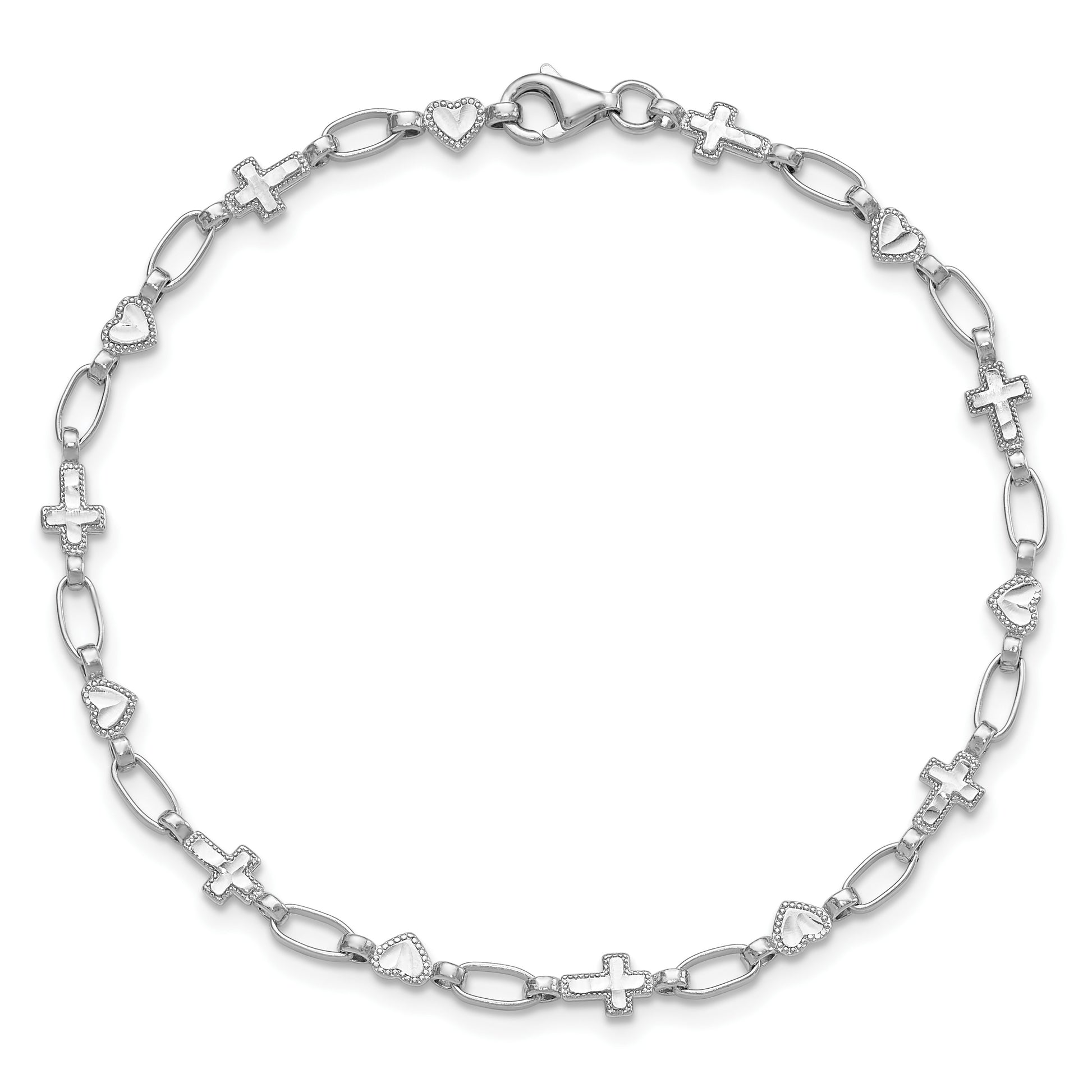Sterling Silver Rhodium-plated 7.5 inch Heart and Cross Bracelet