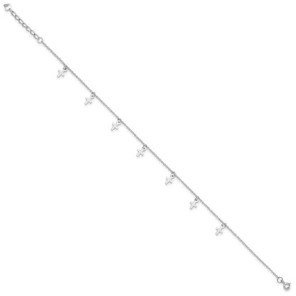 Sterling Silver Rhodium-plated Cross Charms 9.5 inch Plus 1 inch Extender - Total 10.5 inch Anklet