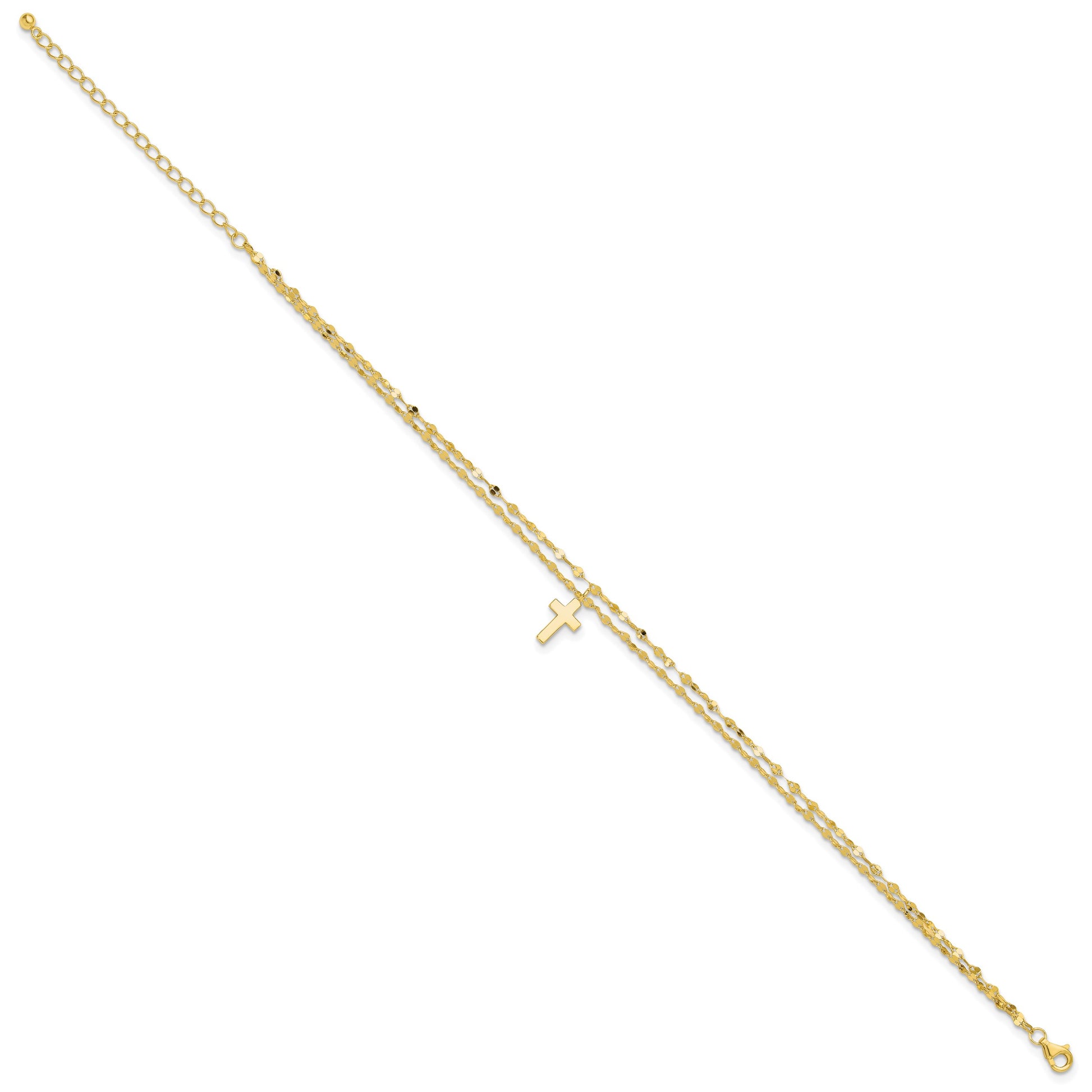 Sterling Silver Gold-plated 2-Strand Cross Charm 8.75 inch Plus 2 inch Extender - Total 10.75 inch Anklet