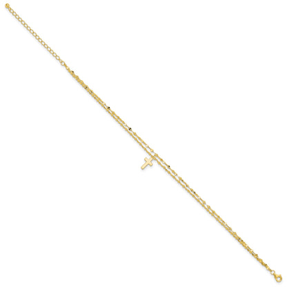 Sterling Silver Gold-plated 2-Strand Cross Charm 8.75 inch Plus 2 inch Extender - Total 10.75 inch Anklet