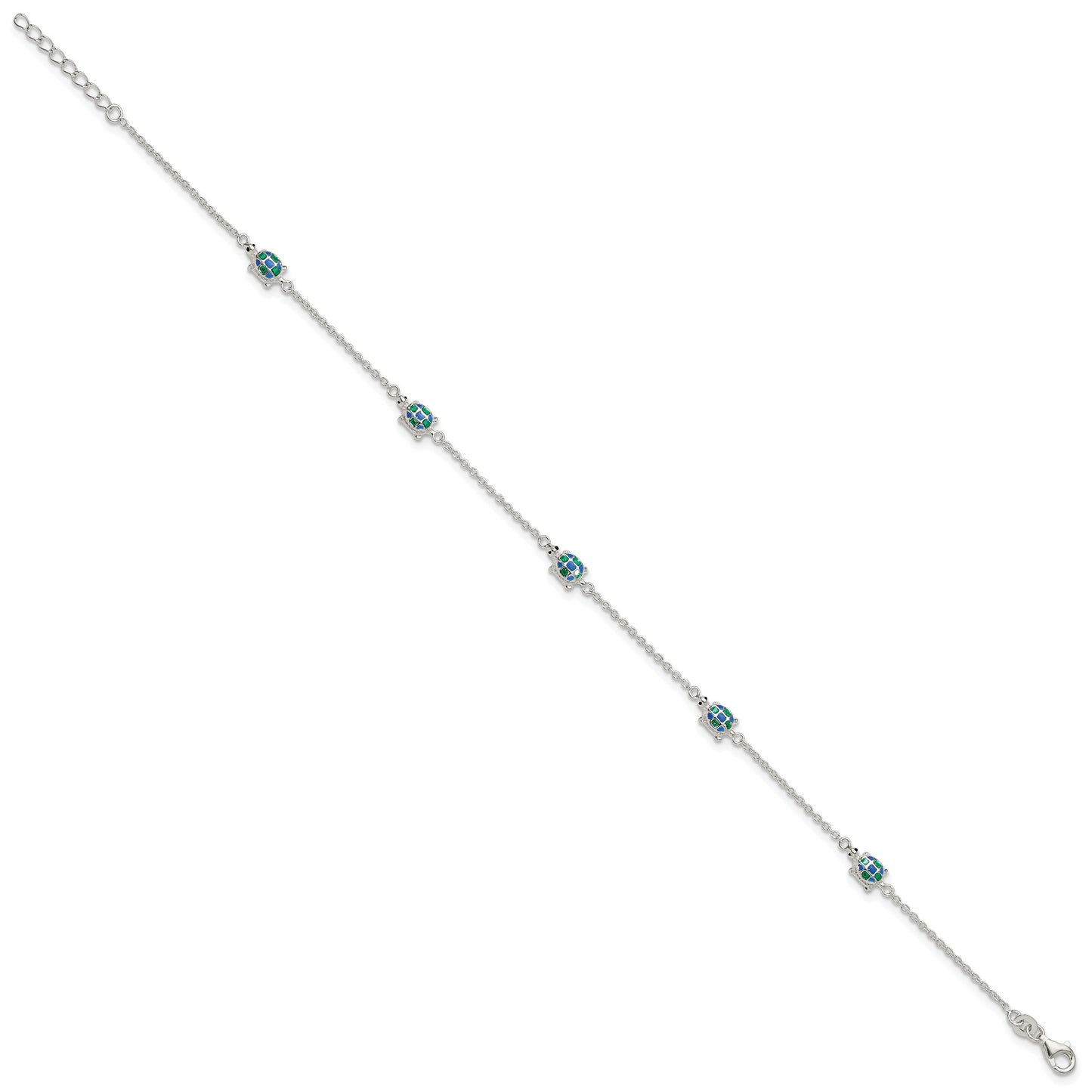 Sterling Silver Enamel Turtle 5-Station 10 inch Plus 1 inch Extender - Total 11 inch Anklet