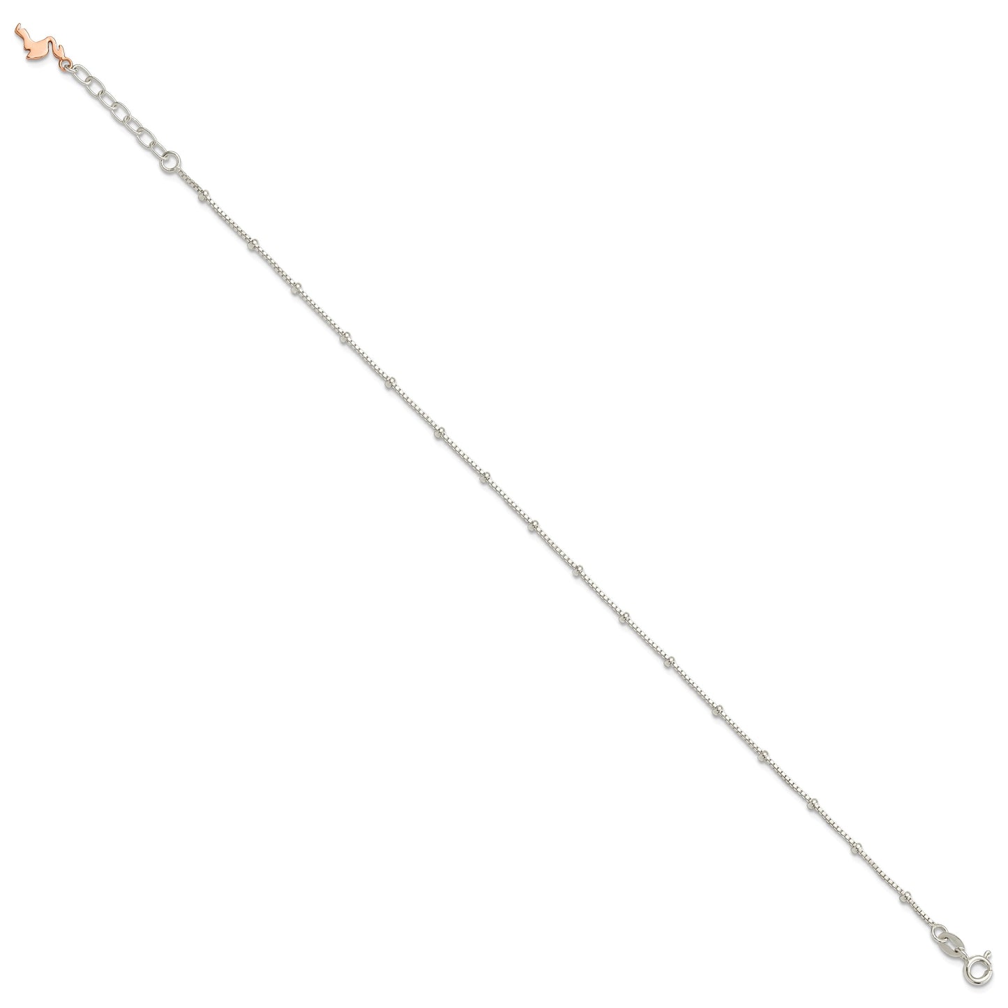 Sterling Silver Rose-Tone Flamingo Dangle 9 inch Plus 1 inch Extender - Total 10 inch Anklet