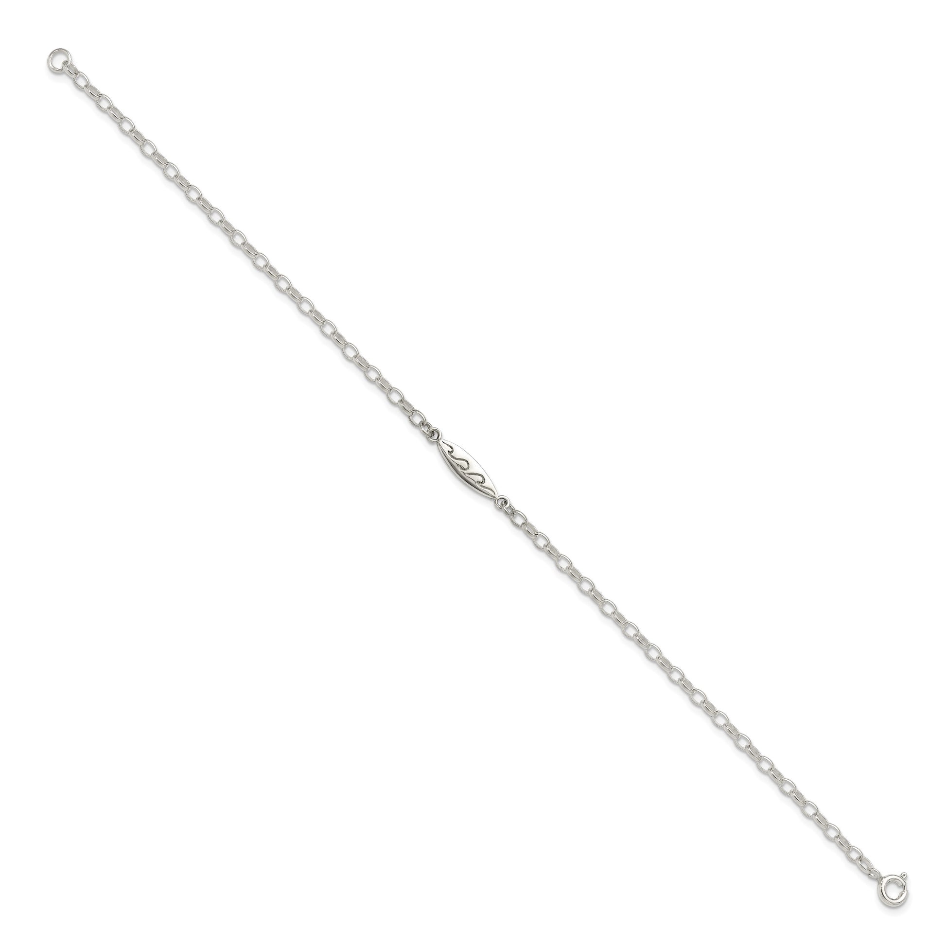 Sterling Silver Antiqued Polished Etched Waves Surfboard Link Anklet