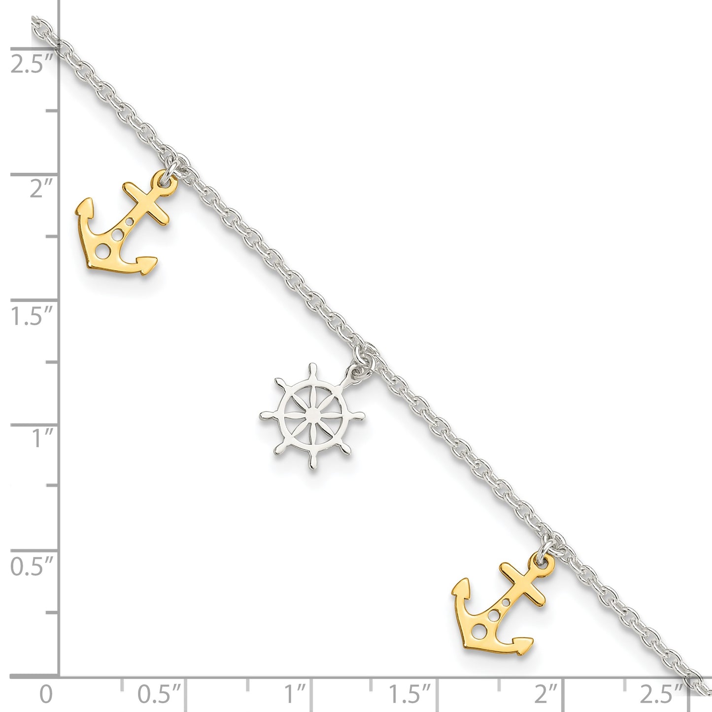 Sterling Silver Gold-tone Anchor/Ship's Wheel 9 inch Plus 1 inch Extender - Total 10 inch Anklet