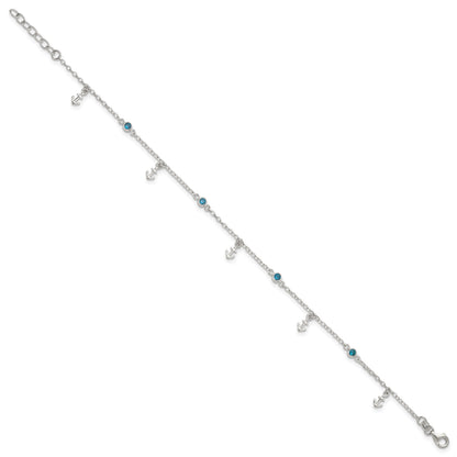 Sterling Silver Blue CZ / Anchors 9 inch Plus 1 inch Extender - Total 10 inch Anklet
