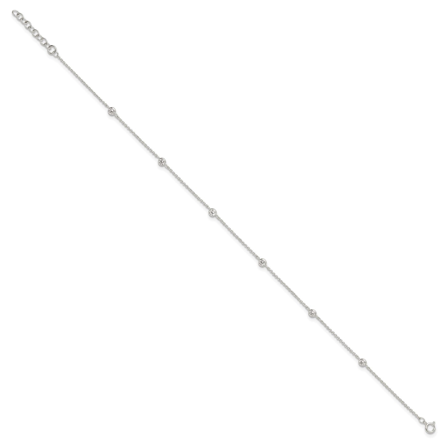 Sterling Silver E-coated CZ 6-Station 9.75 inch Plus 1 inch Extender  - Total 10.75 inch Anklet