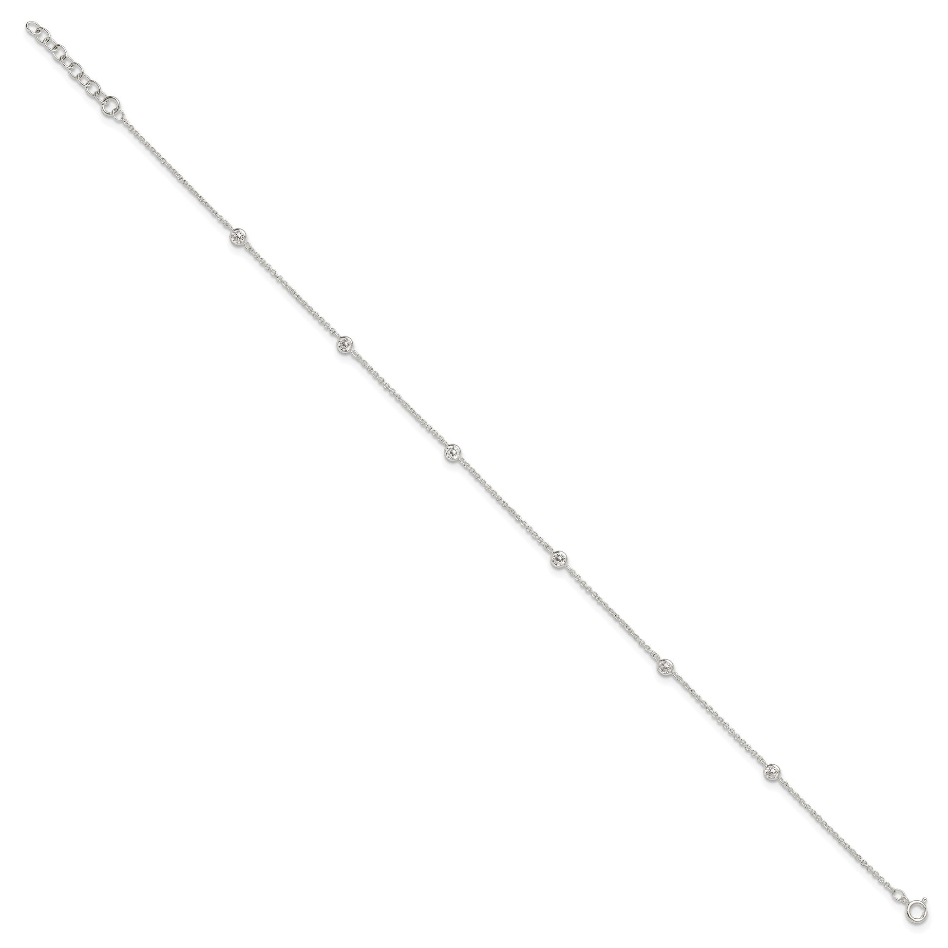 Sterling Silver E-coated CZ 6-Station 9.75 inch Plus 1 inch Extender  - Total 10.75 inch Anklet