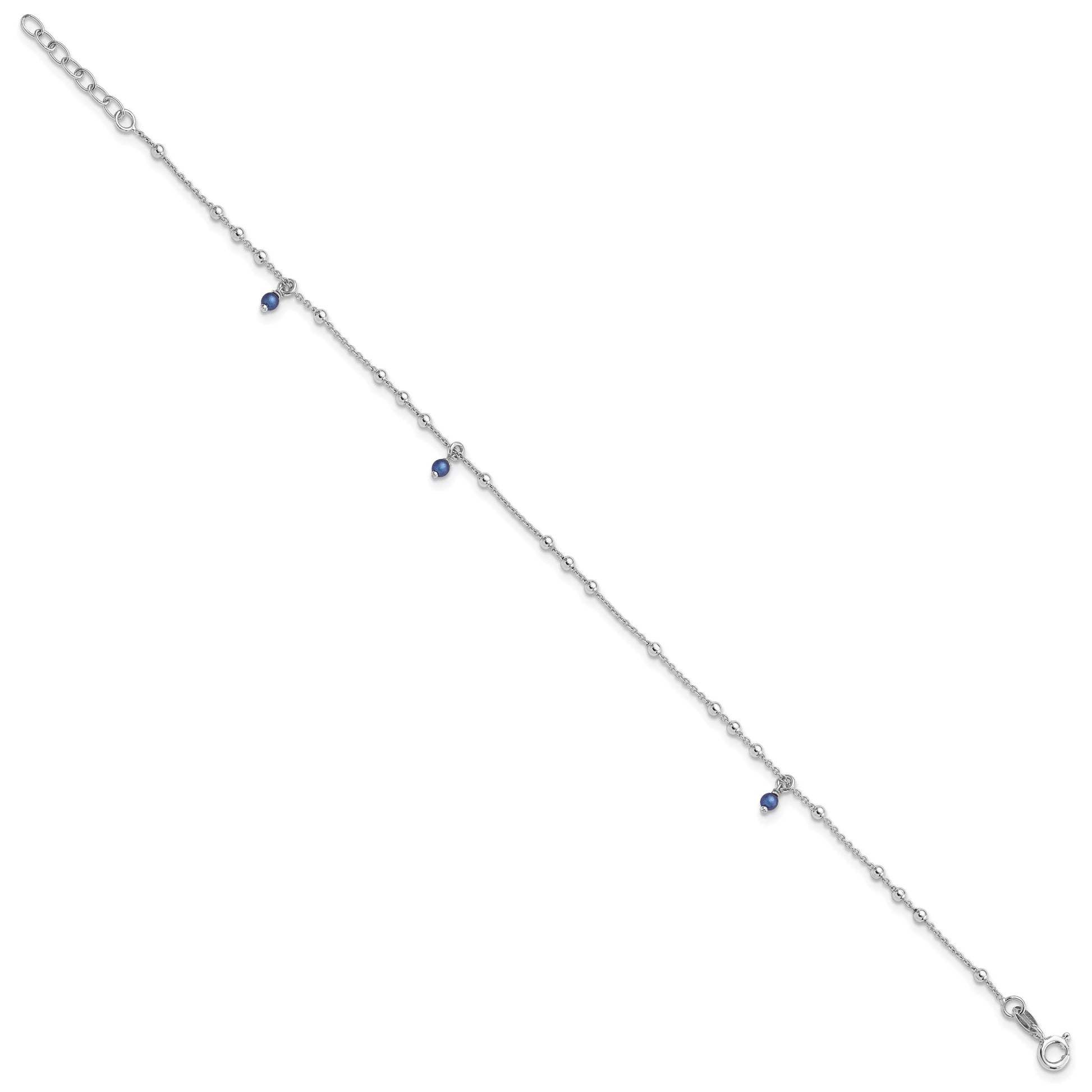 Sterling Silver Rhodium-plated Blue Crystal Beads 9 inch Plus 1 inch Extender - Total 10 inch Anklet