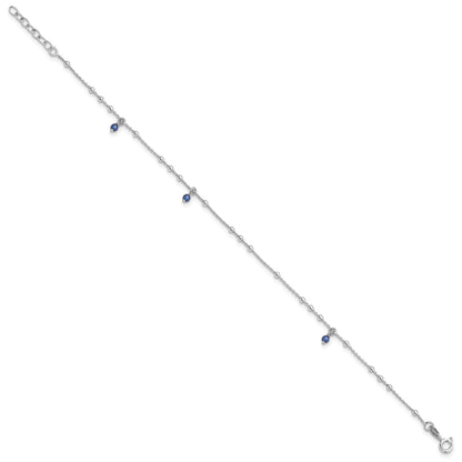 Sterling Silver Rhodium-plated Blue Crystal Beads 9 inch Plus 1 inch Extender - Total 10 inch Anklet