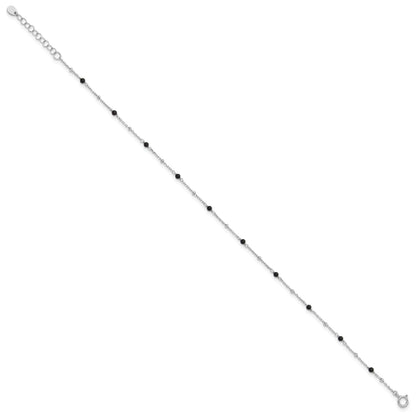 Sterling Silver Rhodium-plated Onyx Bead 9.25 inch Plus 1 inch Extender - Total 10.25inch Anklet