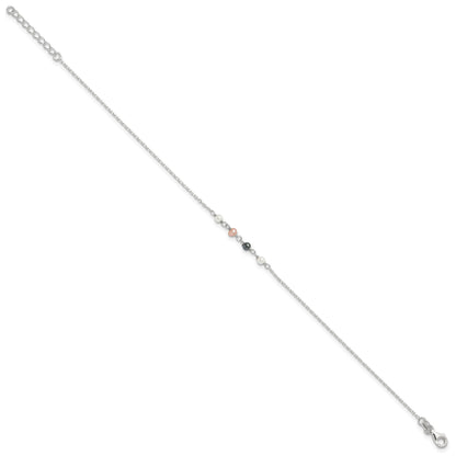 Sterling Silver Pink/Black/White Glass Pearl 8.75 inch Plus 1 inch  Extender - Total 9.75 inch Anklet
