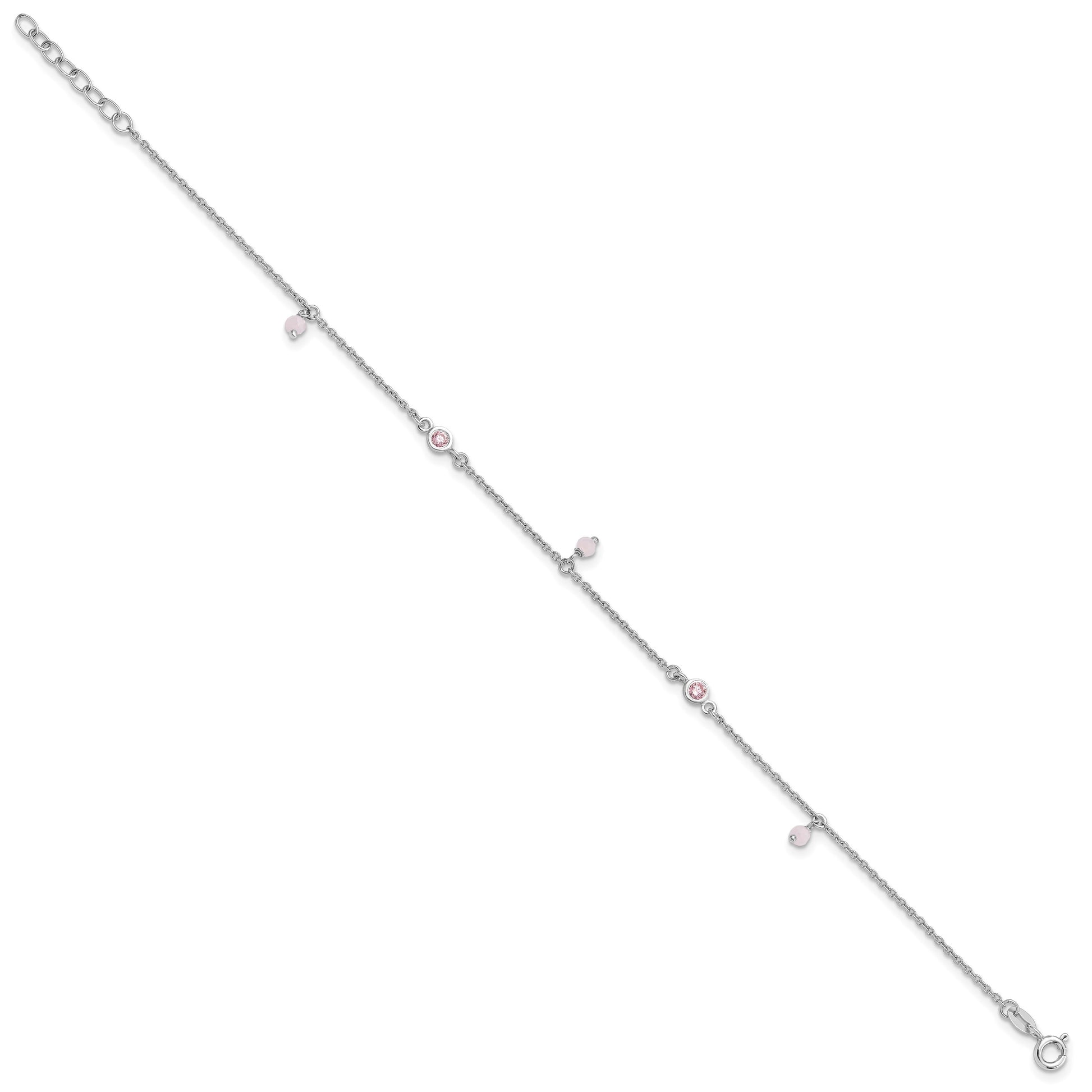 Sterling Silver Rhodium-plated Pink CZ/Glass Beads 9 inch Plus 1 inch Extender - Total 10 inch Anklet