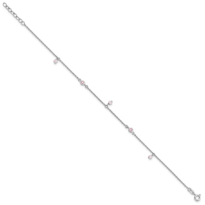 Sterling Silver Rhodium-plated Pink CZ/Glass Beads 9 inch Plus 1 inch Extender - Total 10 inch Anklet