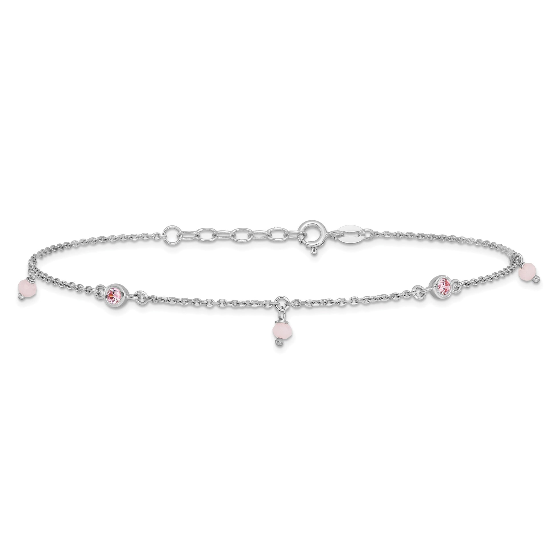Sterling Silver Rhodium-plated Pink CZ/Glass Beads 9 inch Plus 1 inch Extender - Total 10 inch Anklet