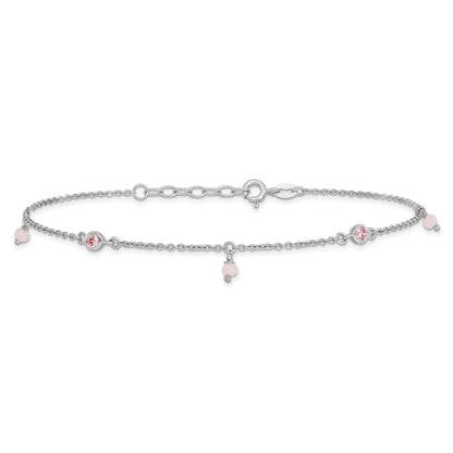 Sterling Silver Rhodium-plated Pink CZ/Glass Beads 9 inch Plus 1 inch Extender - Total 10 inch Anklet