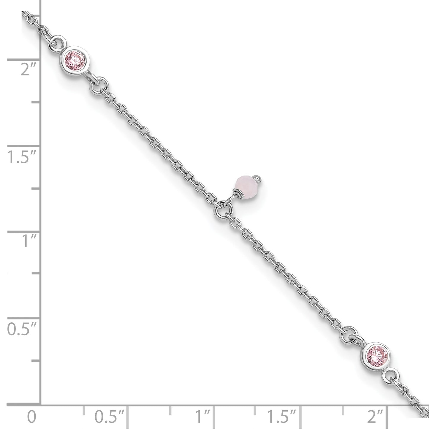 Sterling Silver Rhodium-plated Pink CZ/Glass Beads 9 inch Plus 1 inch Extender - Total 10 inch Anklet