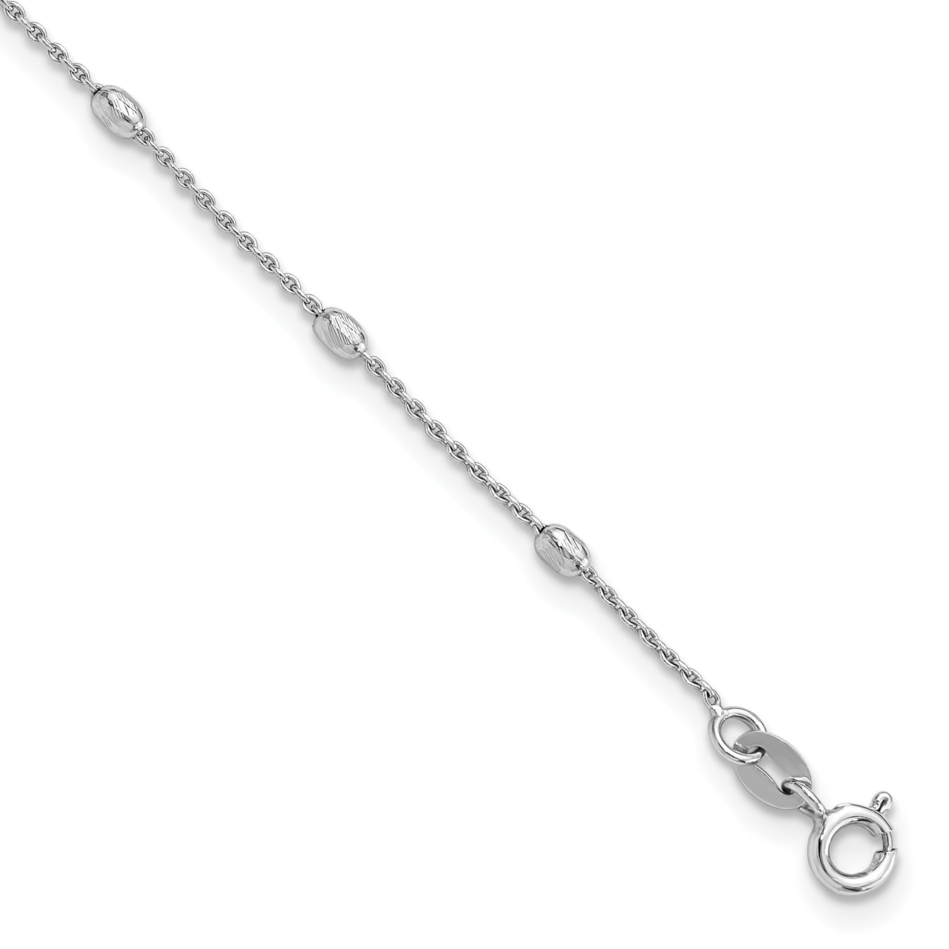 Sterling Silver Rhodium-plated Oval Bead 9 inch Plus 1 inch Extender - Total 10 inch Anklet