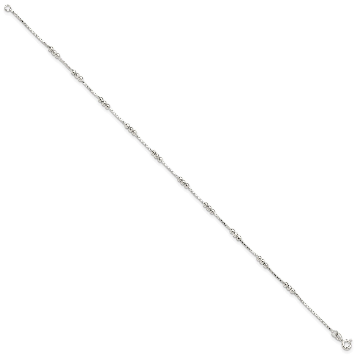 Sterling Silver Polished Beaded Box 10in Anklet