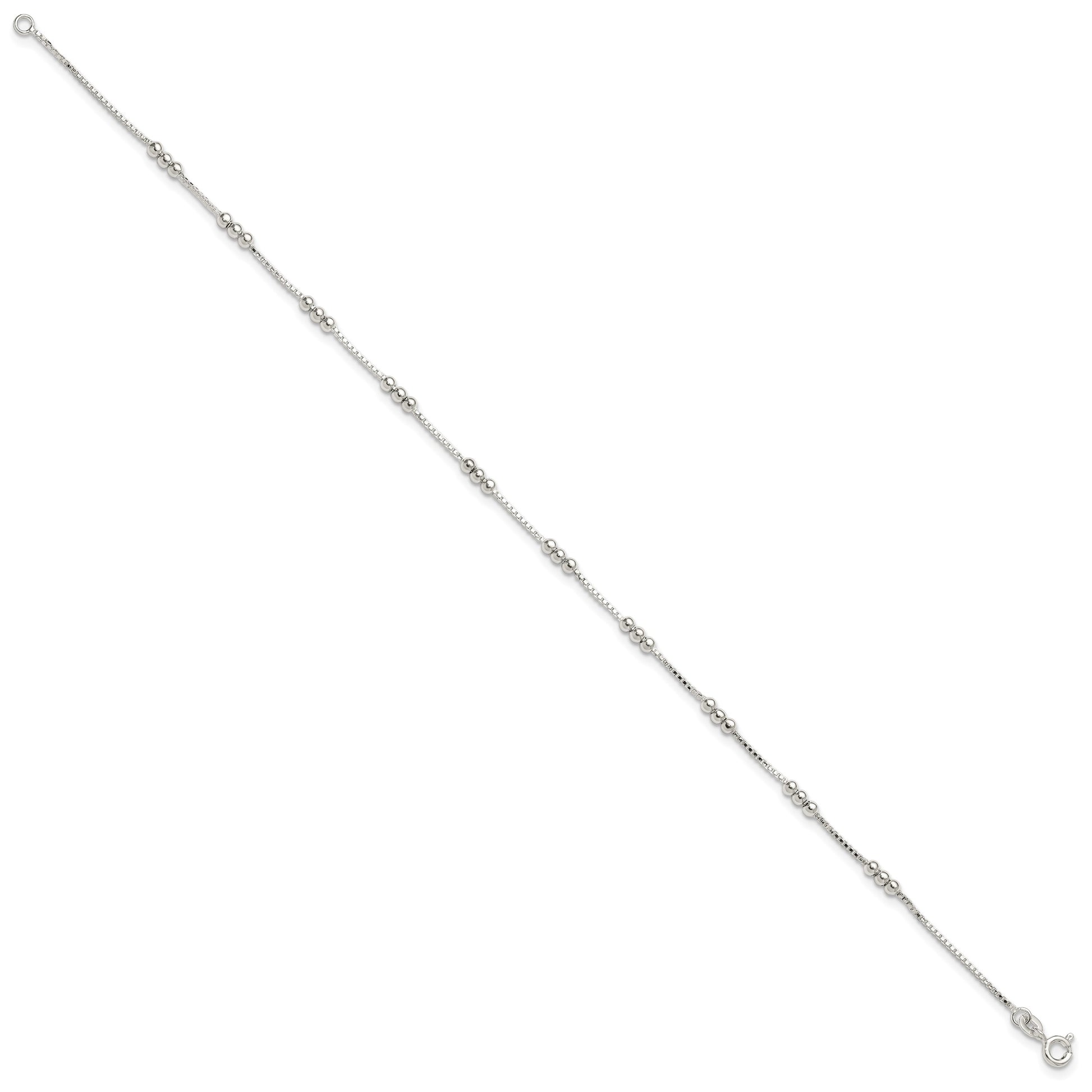Sterling Silver Polished Beaded Box 10in Anklet