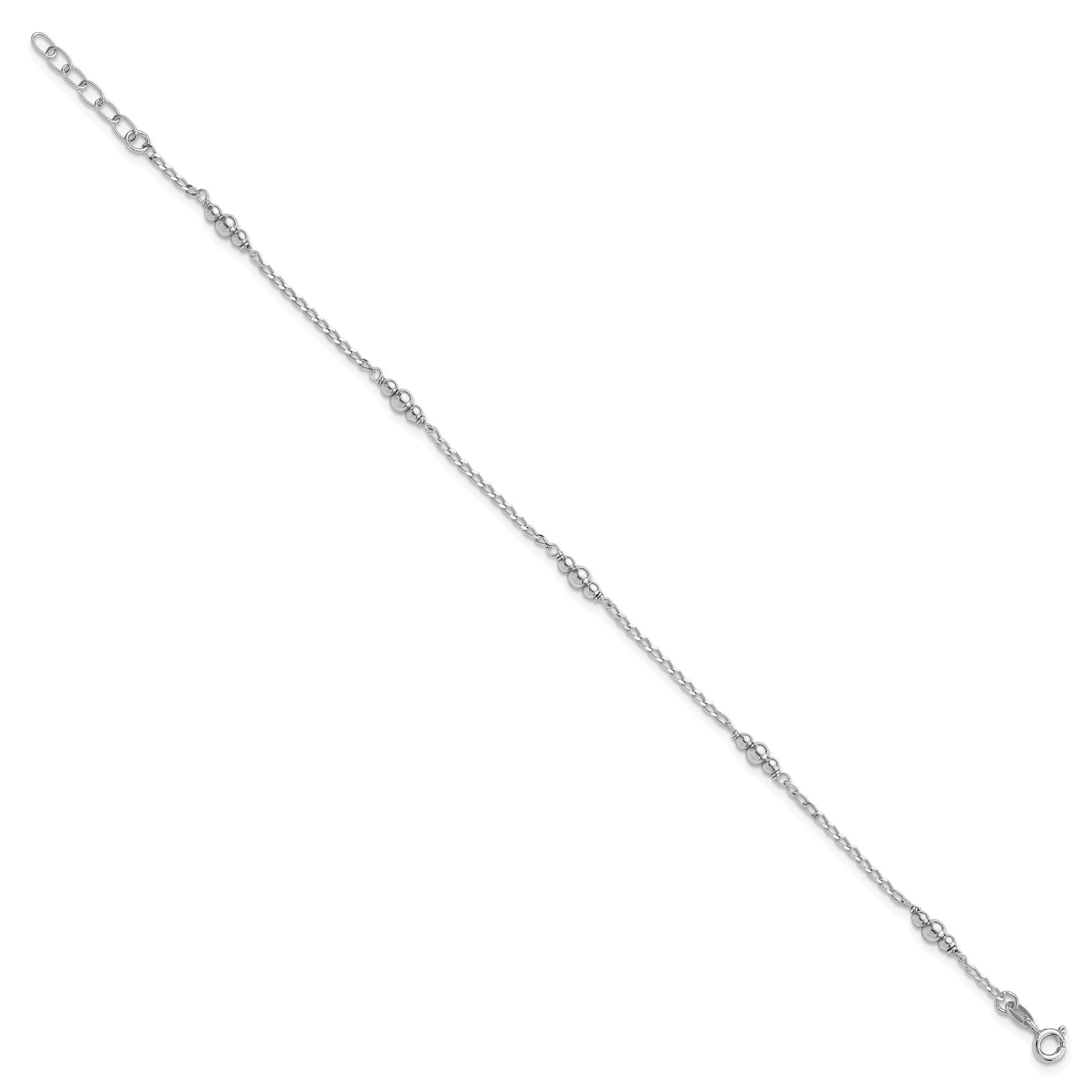 Sterling Silver Rhodium-plated Beads 9 inch Plus 1 inch Extender - Total 10 inch Anklet