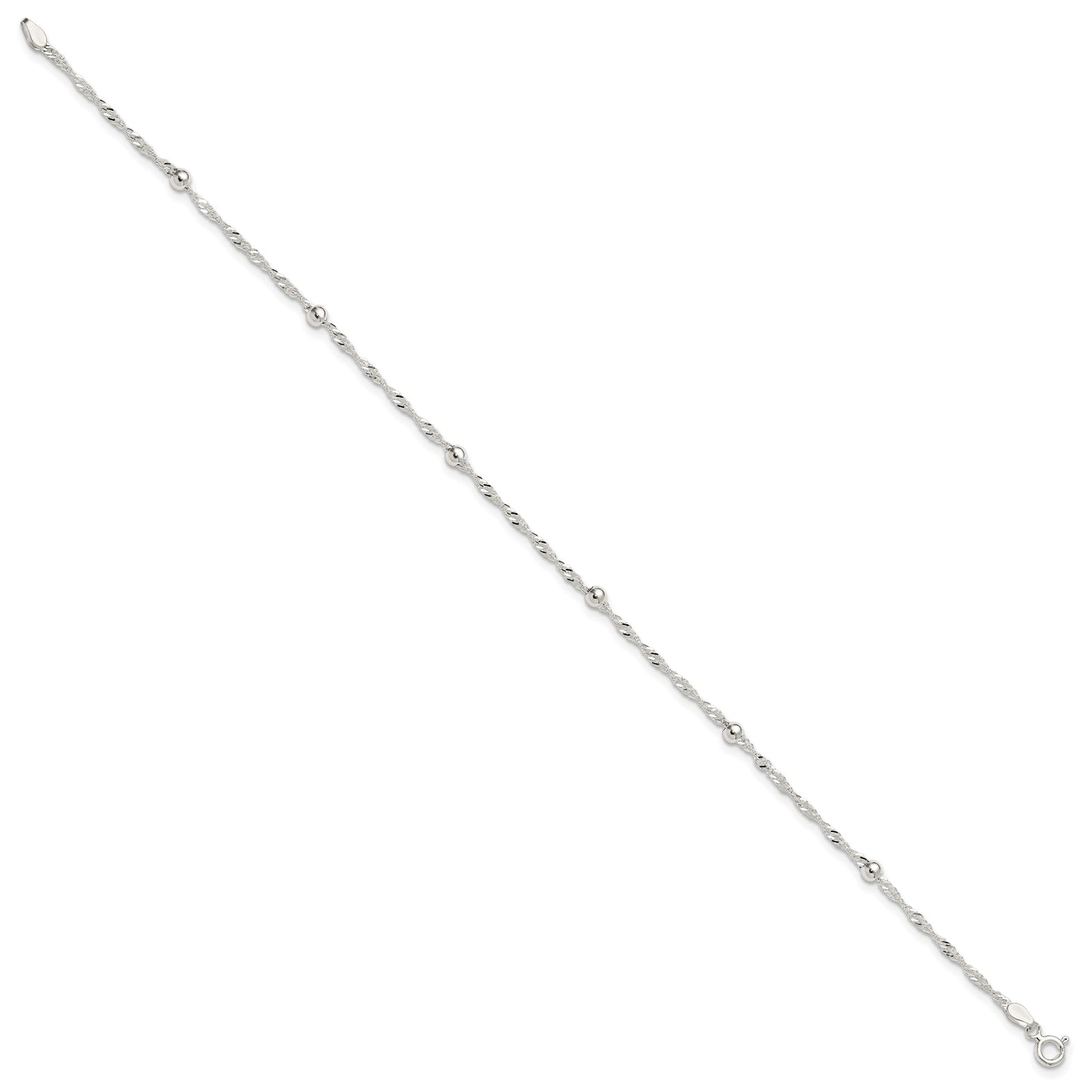 Sterling Silver Polished Beaded Singapore 10in Anklet