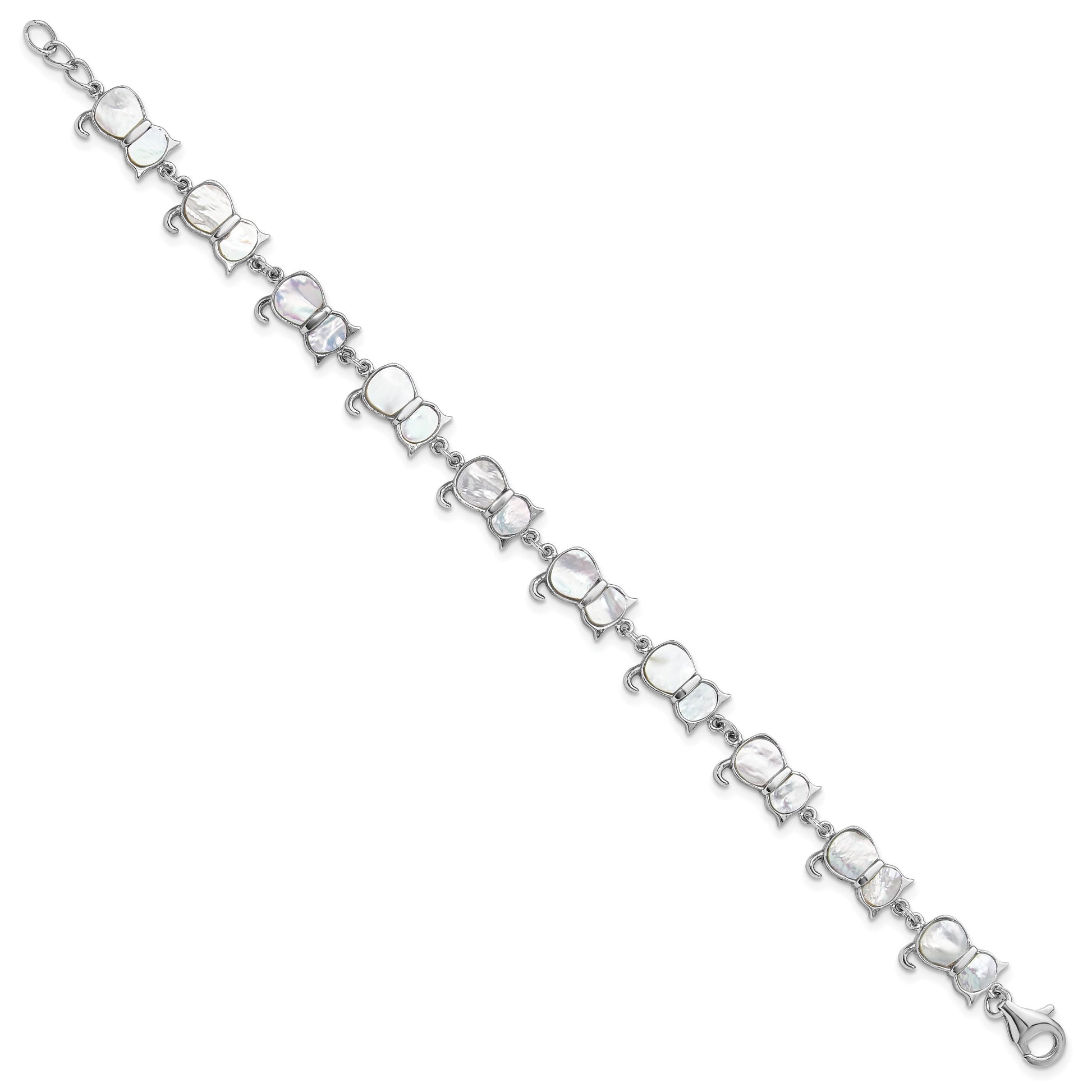 Sterling Silver Rhodium-plated Mother of Pearl Cat Link Bracelet