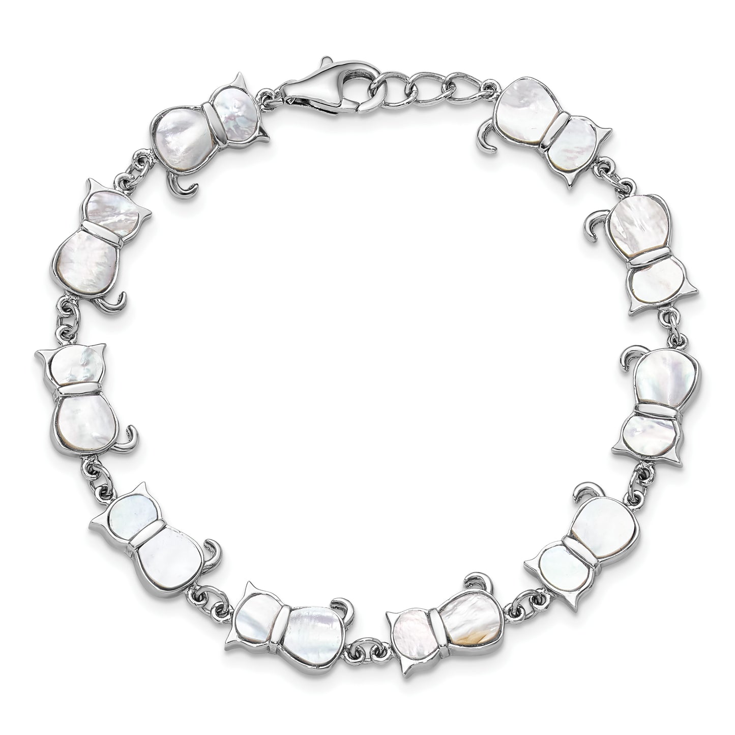Sterling Silver Rhodium-plated Mother of Pearl Cat Link Bracelet