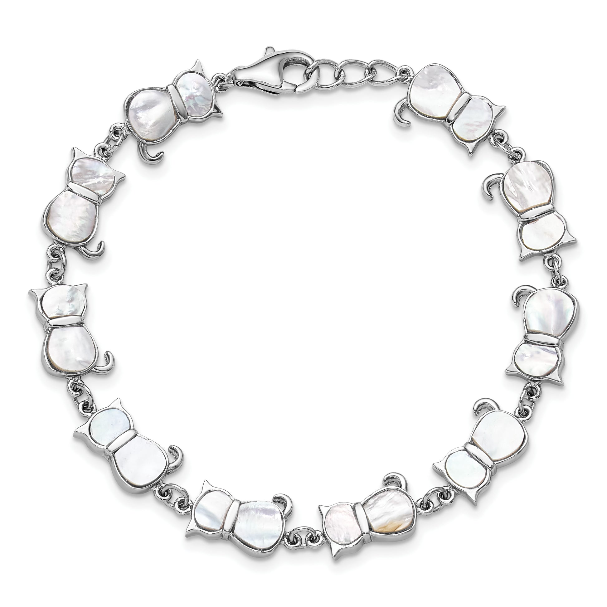 Sterling Silver Rhodium-plated Mother of Pearl Cat Link Bracelet