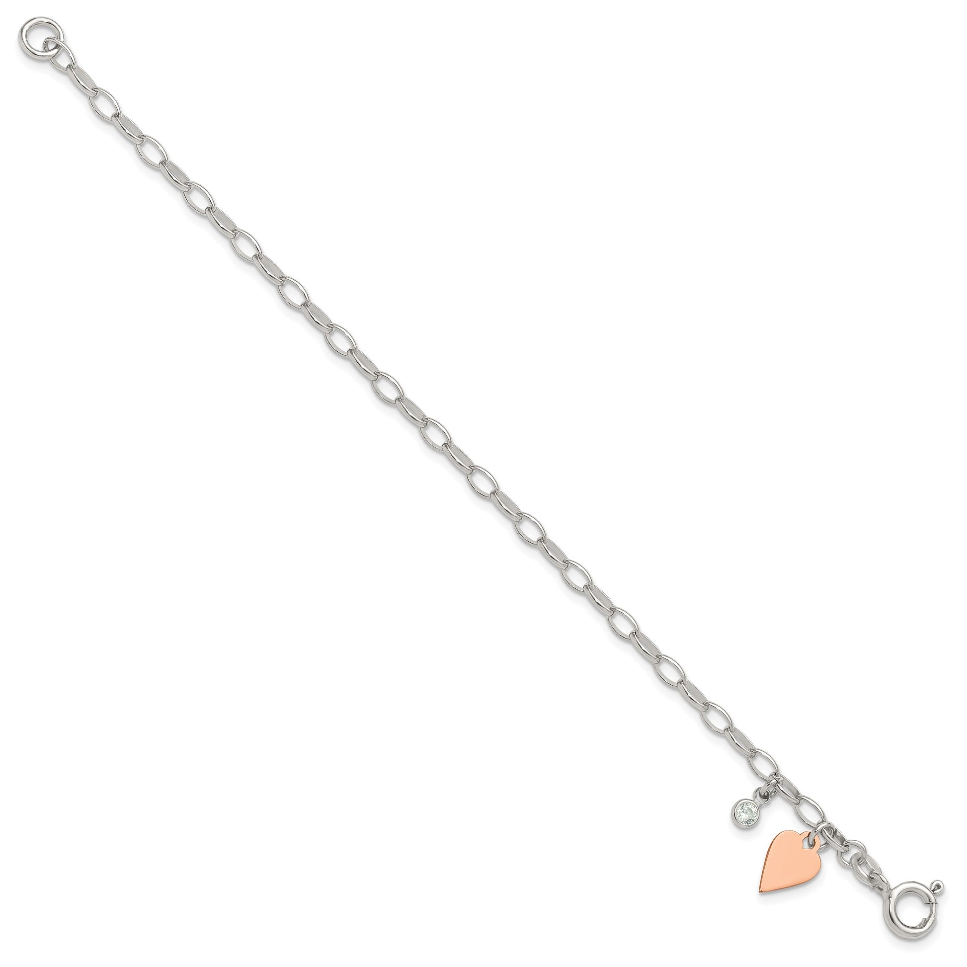 Sterling Silver Rose Gold-plated Polished w/Heart and CZ Link Bracelet