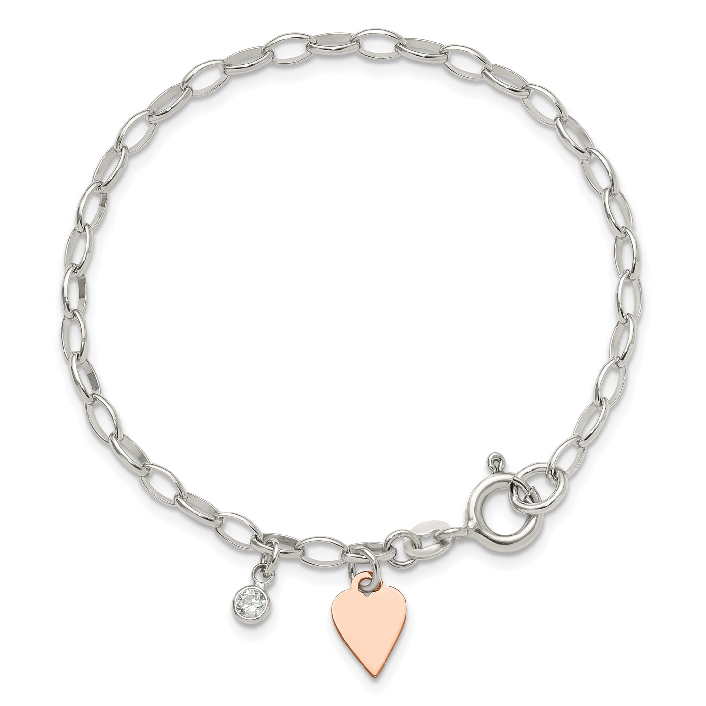 Sterling Silver Rose Gold-plated Polished w/Heart and CZ Link Bracelet