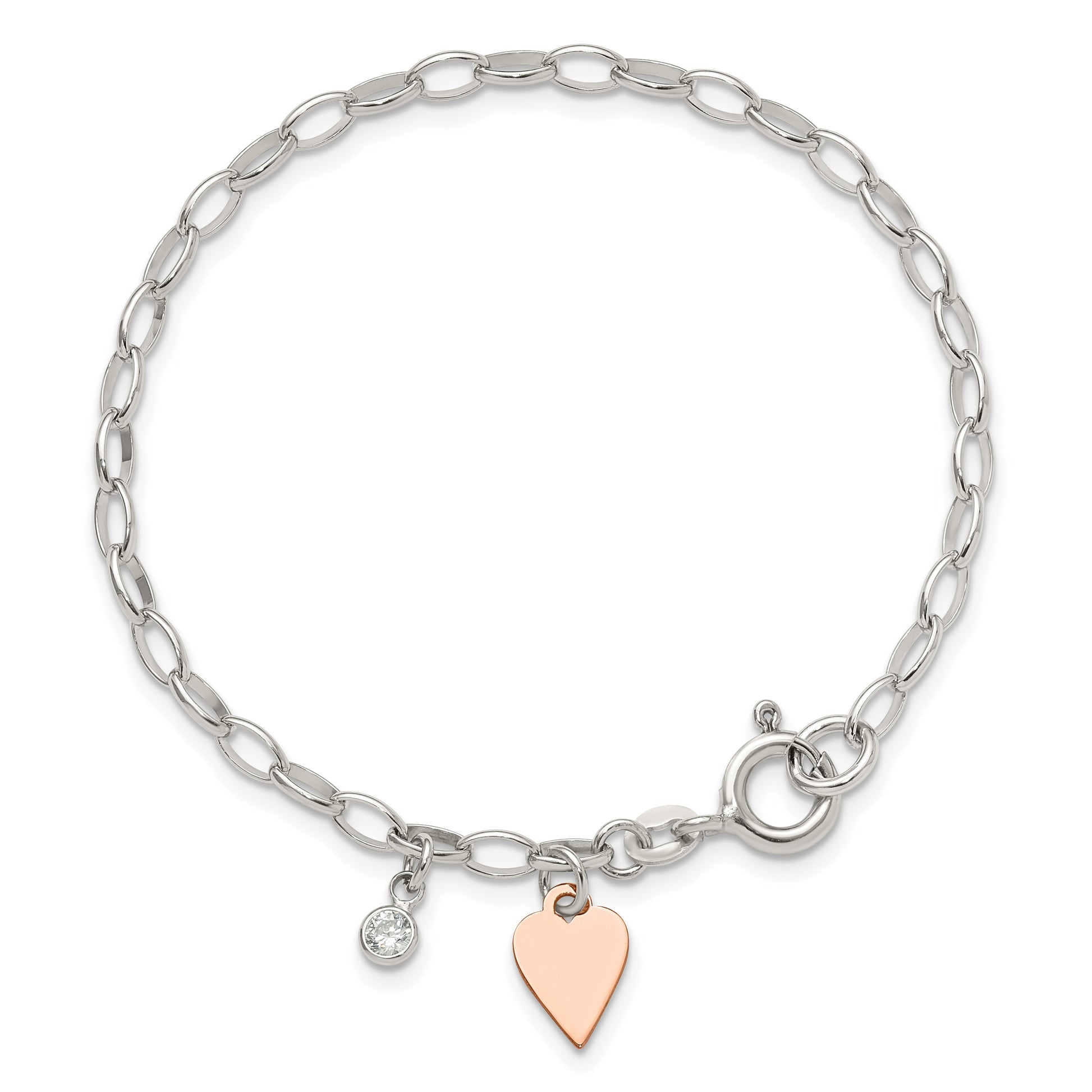 Sterling Silver Rose Gold-plated Polished w/Heart and CZ Link Bracelet