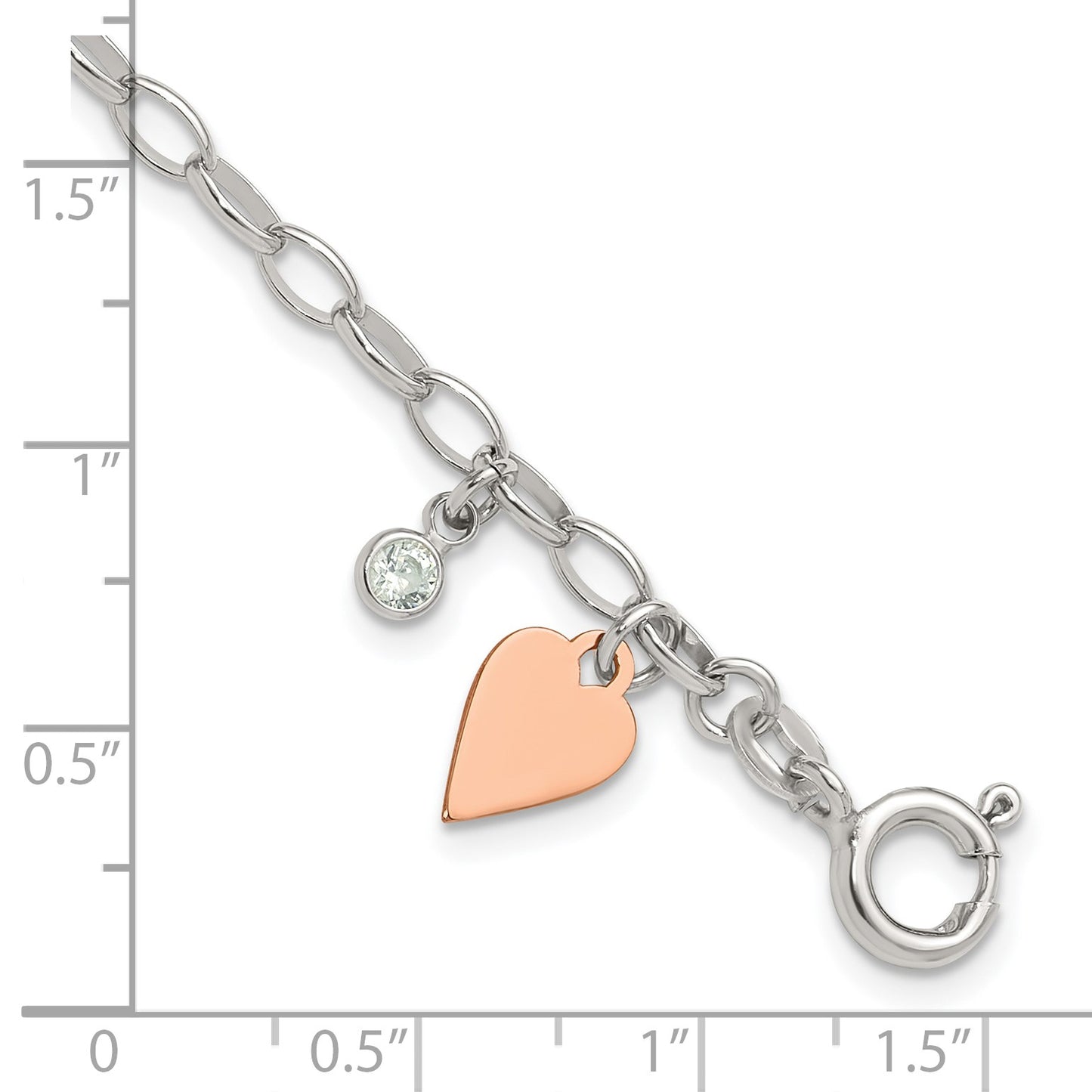 Sterling Silver Rose Gold-plated Polished w/Heart and CZ Link Bracelet
