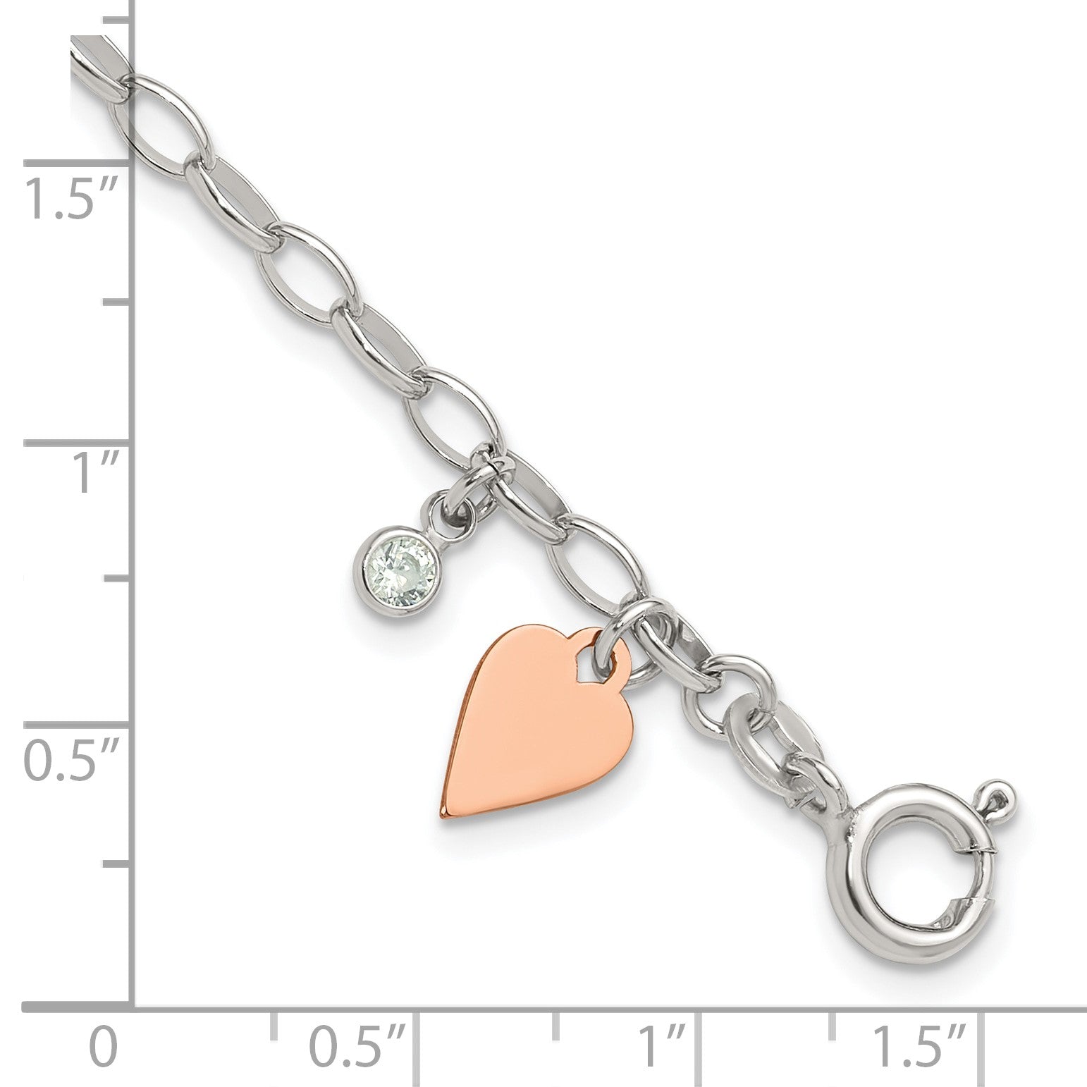Sterling Silver Rose Gold-plated Polished w/Heart and CZ Link Bracelet