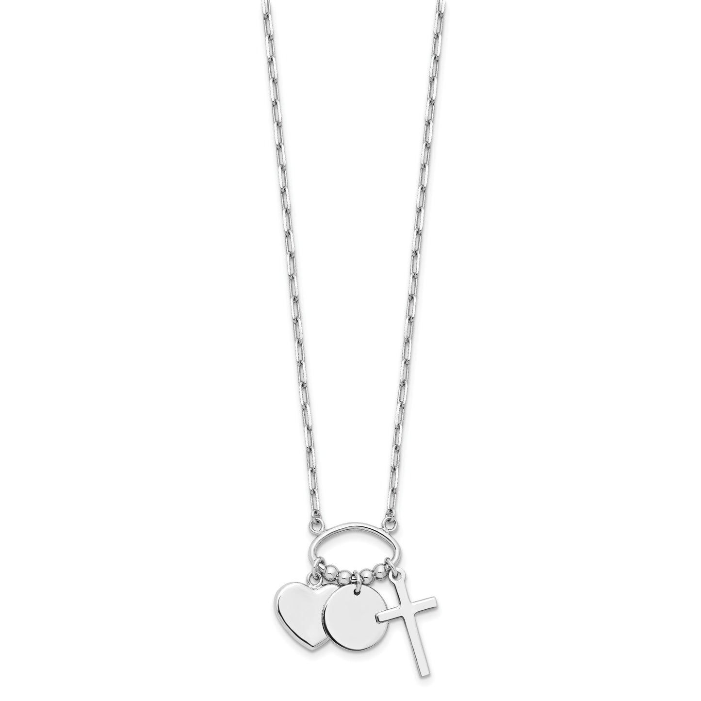 Sterling Silver Rhodium-plated Round Heart Cross Discs 32in Necklace