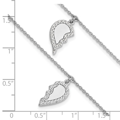Sterling Silver Rhod-plated CZ Half Heart 7.25in w/1 in ext 2 Bracelet Set