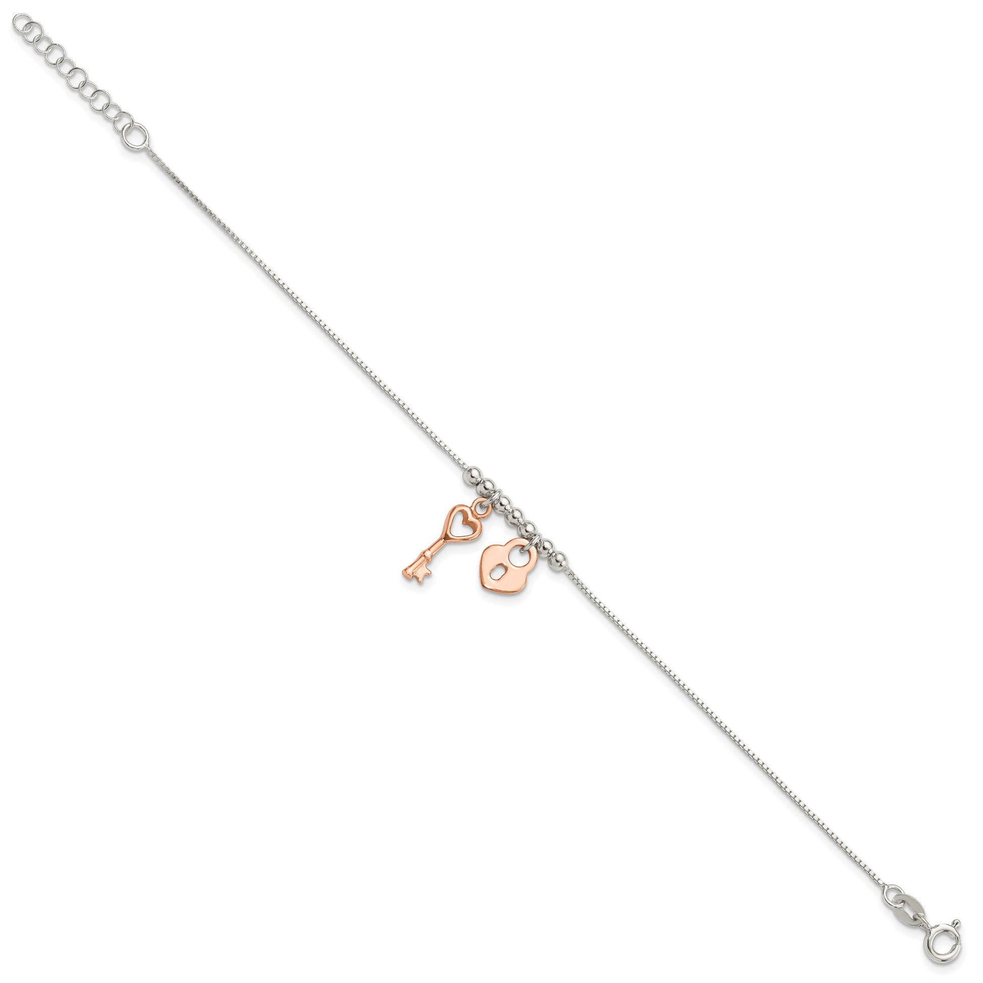 Sterling Silver w/Rose-tone Lock and Key Beaded 7in w/1in ext. Bracelet