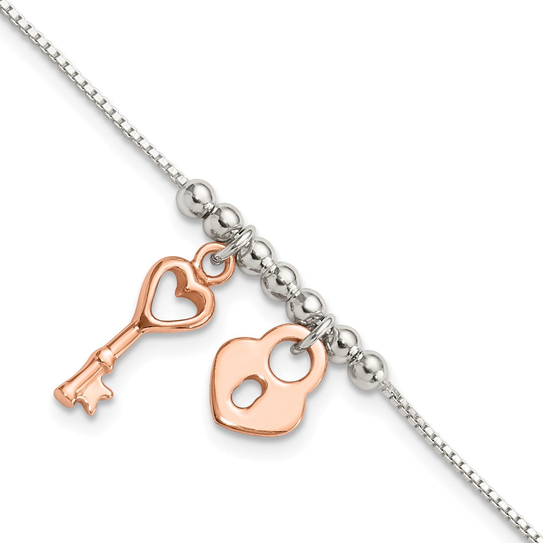 Sterling Silver w/Rose-tone Lock and Key Beaded 7in w/1in ext. Bracelet