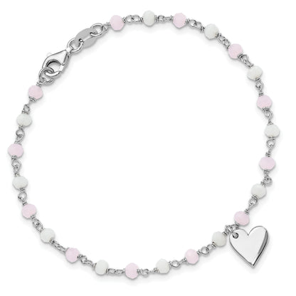 Sterling Silver Rhod-plated Heart Pink/White Glass Beads 7.5in Bracelet