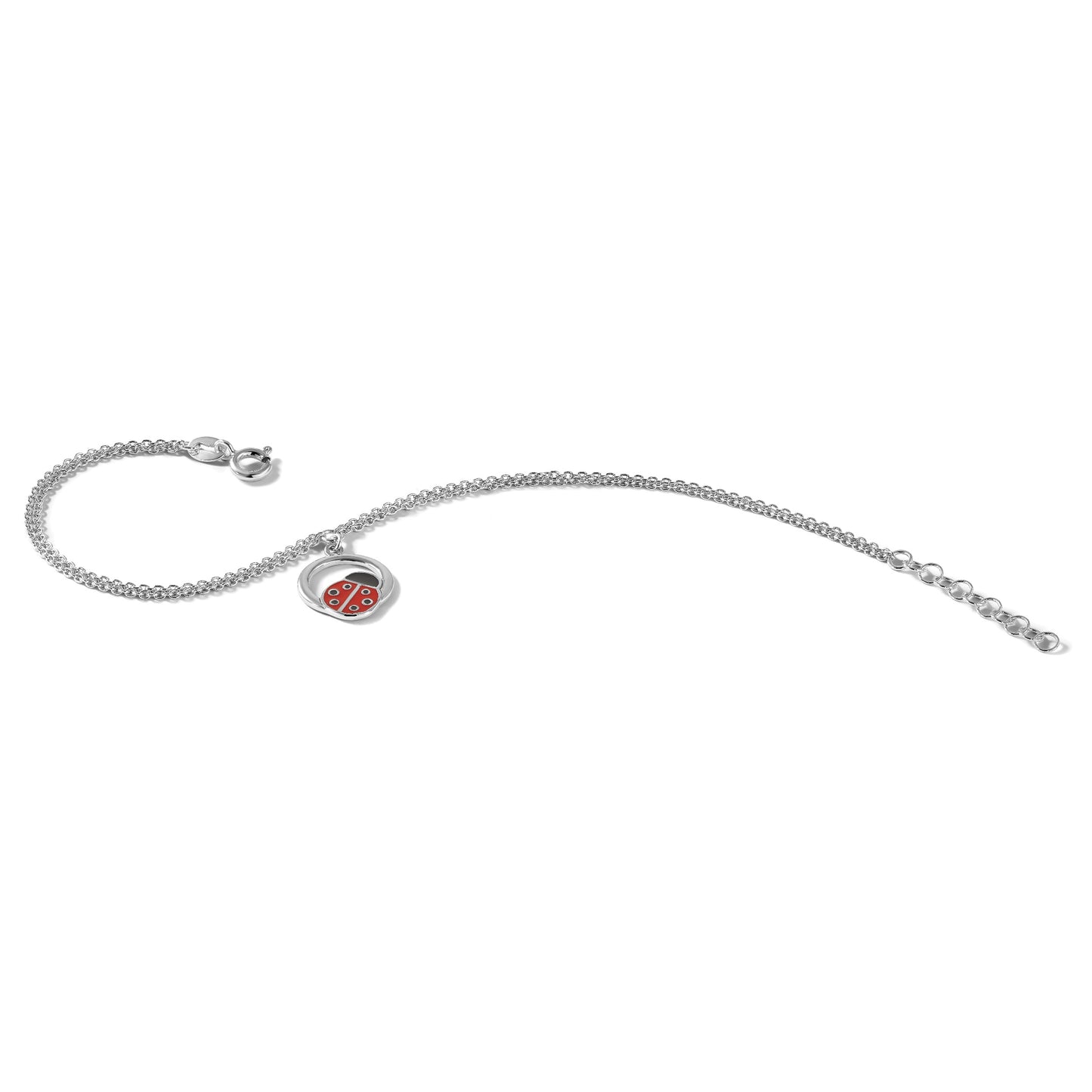 Sterling Silver Rhod-pltd Enamel Ladybug on Ring 7.25in w/1in ext Bracelet