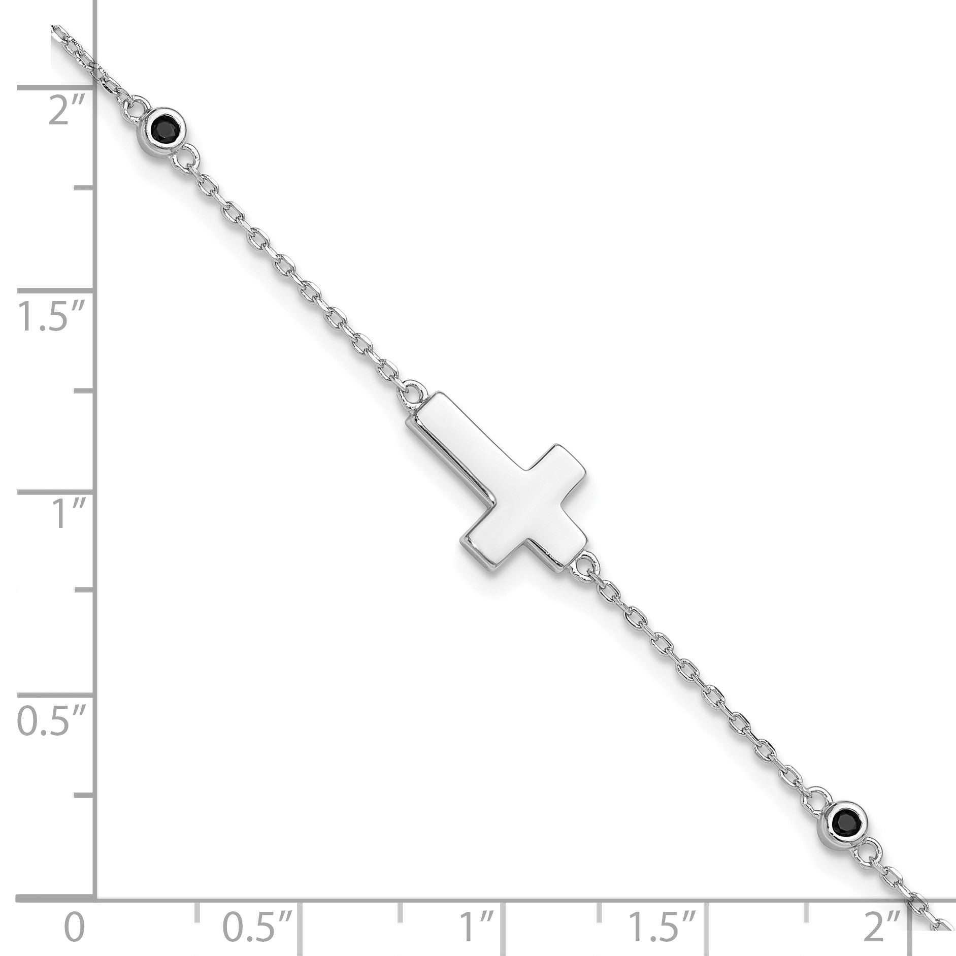 Sterling Silver Rhodium-plated Cross Black Spinel 7in w/1in ext. Bracelet